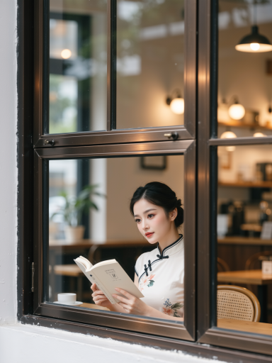 室内人像摄影,年轻女性在窗边阅读,柔和侧光勾勒轮廓