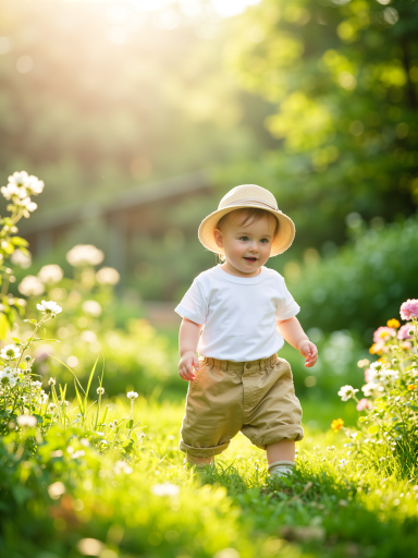 儿童摄影,小女孩在花田中奔跑,笑容灿烂,背景虚化