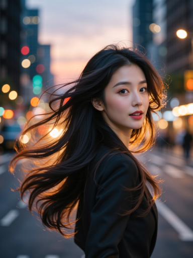 城市夜景人像,年轻女性在霓虹灯下回眸,现代都市背景