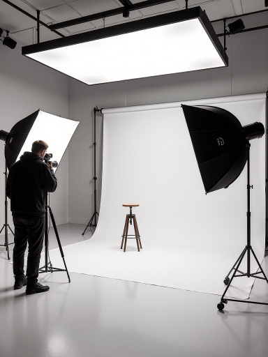 三十五岁左右男性摄影师,穿着简约黑色毛衣,手持相机,背景为工作室环境